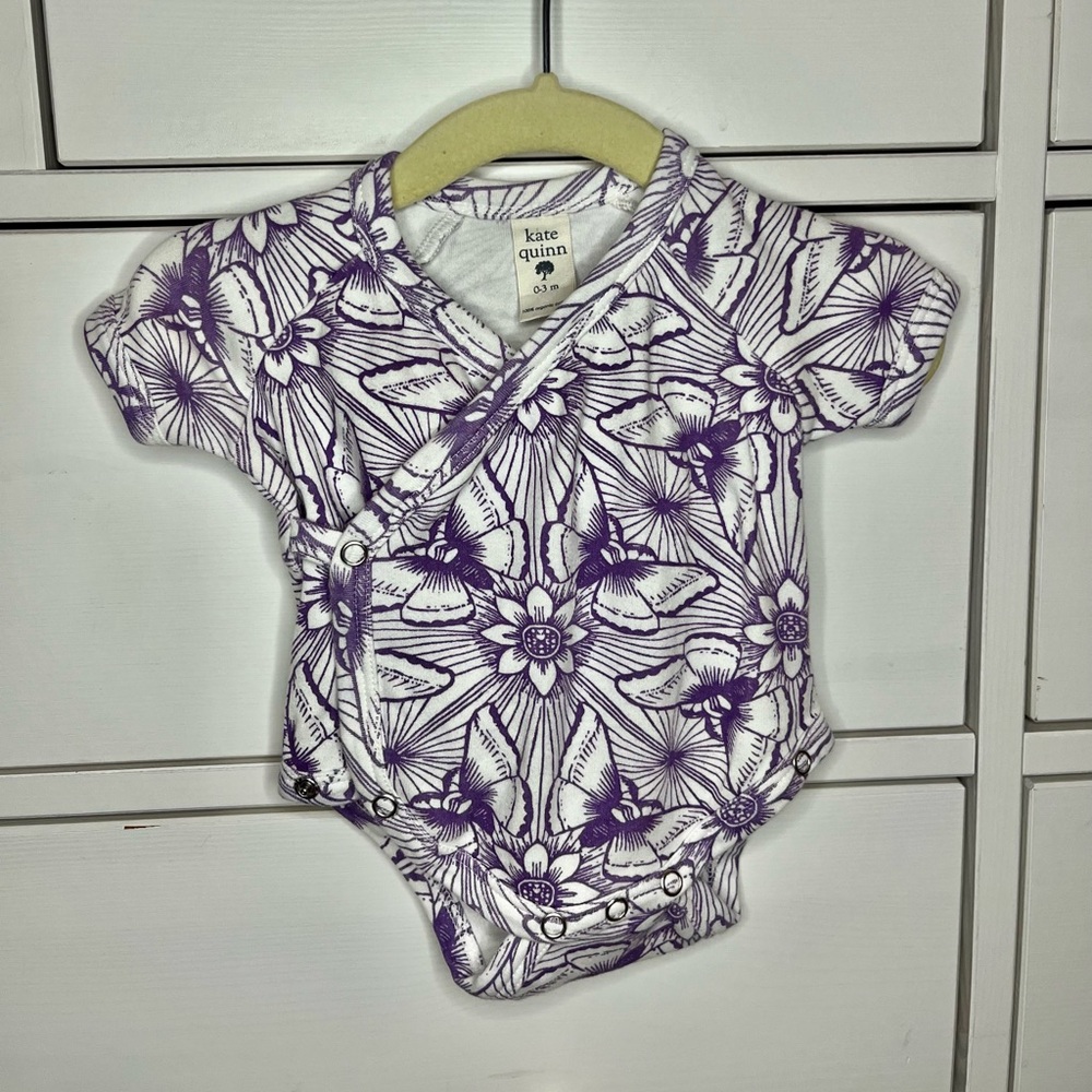 Kate Quinn Wrap Bodysuit Purple Butterfly Lace Organic Cotton 0-3 Months